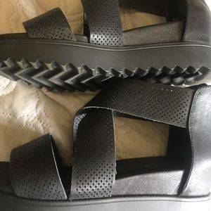 Black leather wedges